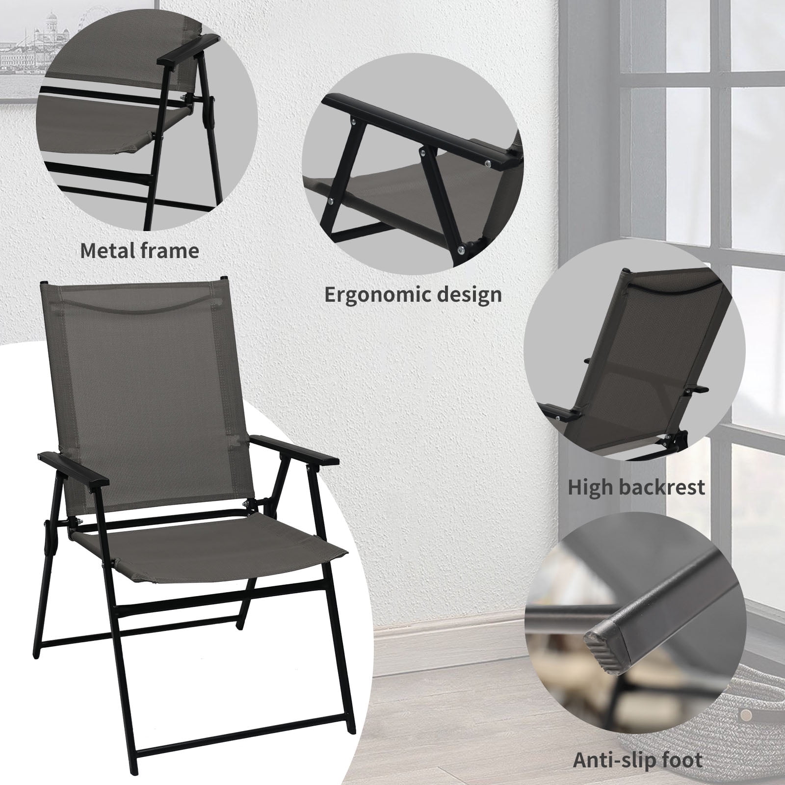 SHGJ&SOFT Set of 2 Folding Chairs，Outdoor Patio Chair with Armrests for Porch Camping Pool Beach Deck Lawn Garden (Gray, 2 PC)