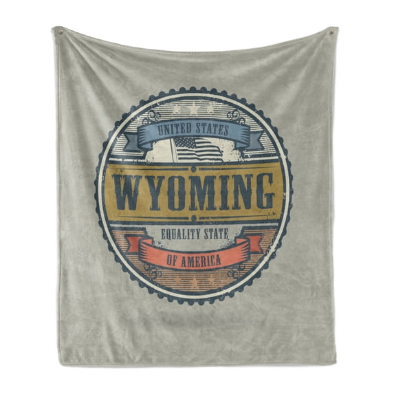 Wyoming Soft Flannel Fleece Blanket, Vintage Grunge Stamp Design of United States Equality State of America, Cozy Plush for Indoor and Outdoor Use, 70" x 90", Pale Khaki Multicolor, by Ambesonne
