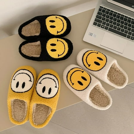 

2022 Winter Women Fluffy Slippers Big Smiley Face Fur Indoor Slippers Bedroom Flats Casual Plush Warm Comfy Couple Home Shoes