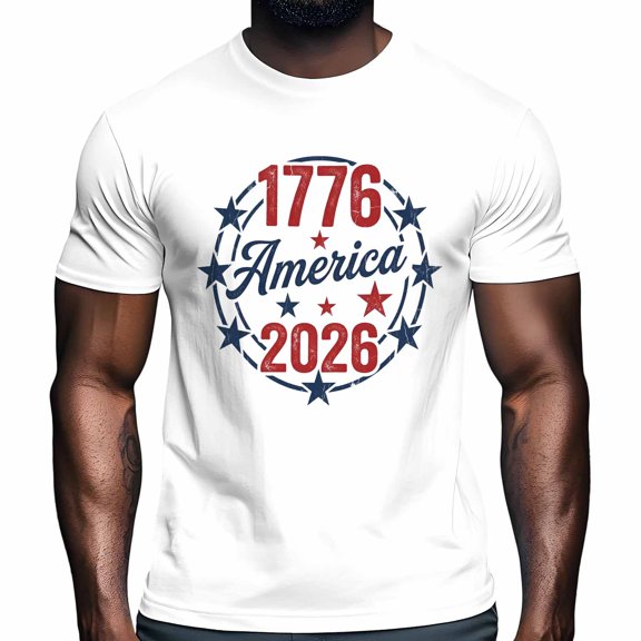 Independence Day Men's T Shirts American 1776-2026 Vintage Blue Star T-Shirt for Men Crew Neck Tees Cotton Tops White, XL