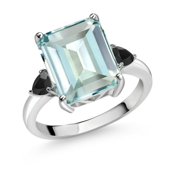 Gem Stone King 5.65 Ct Octagon Sky Blue Simulated Aquamarine Black Onyx 925 Sterling Silver Ring (Size 7)