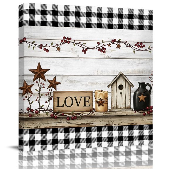 Framed Canvas Wall Art for Living Room Farmhouse Red Star Candle Wall Decor, Berry Vines Black Plaid Wood Aesthetic Paintings for Bedroom Office, Ready to Hang Artwork Wall Pictures 16x16 Inch