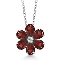 Gem Stone King 3.03 Ct Red Garnet White Topaz 925 Silver and 10K Yellow Gold Pear Shape Flower Pendant with Chain