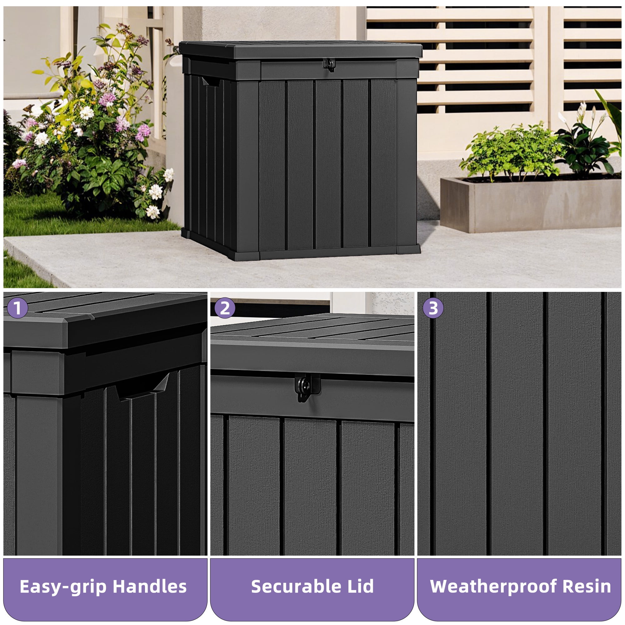 Uforic 51 Gallon Waterproof Lockable Deck Box, Resin Outdoor Storage Box, Black
