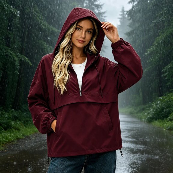 IUYRTFE Women's Half Zip Waterproof Jacket with Detachable Hood Long Sleeve Outdoor Windbreaker
