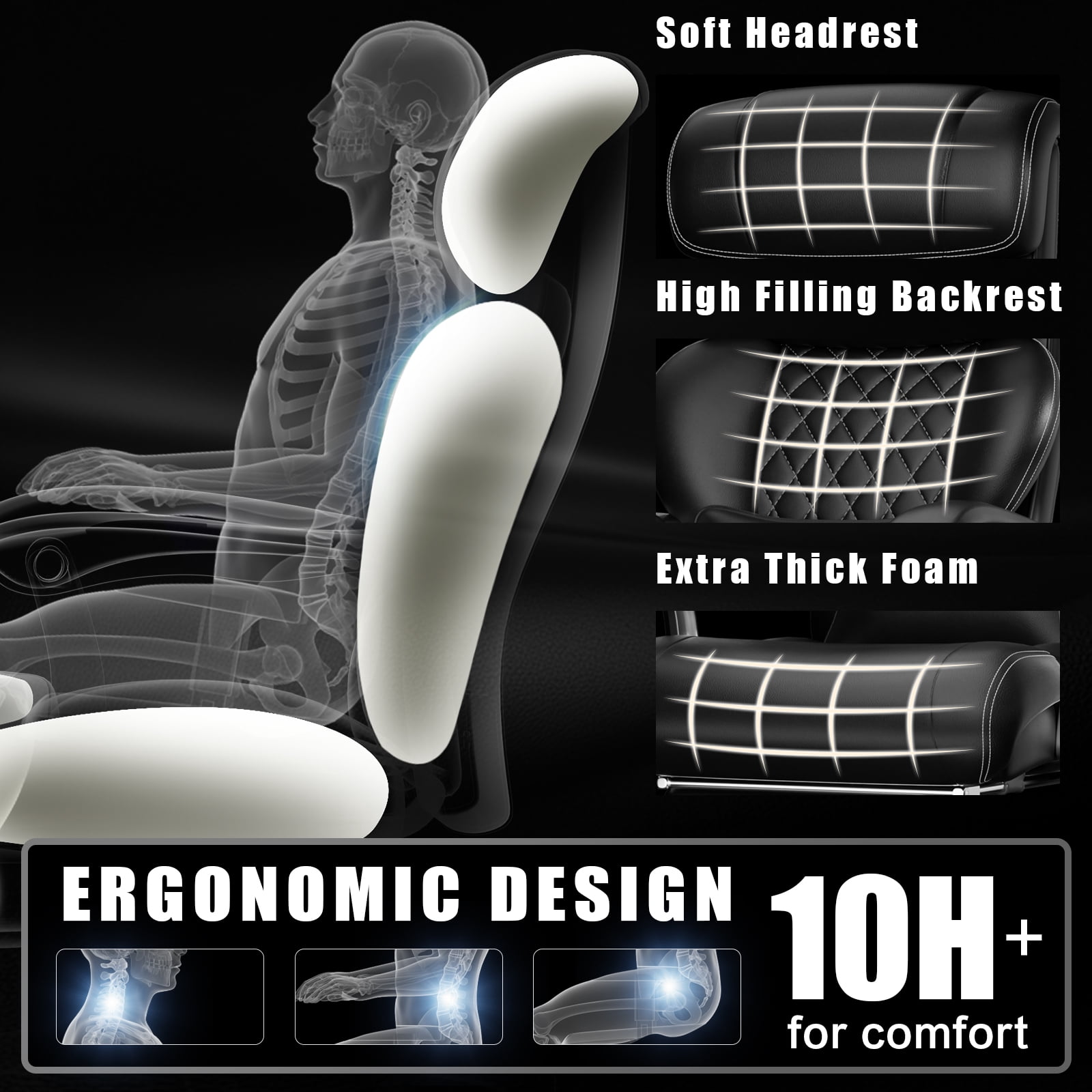 Heavy Duty Big and Tall Office Chair, 7.83Hz Schumann Resonance Relax Chair with Heating Function, Silent Rubber Casters, Thick Padded Seat, Black