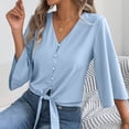 thumbnail image 6 of VEKDONE Women's V Neck Tie Front Blouse 3/4 Flare Sleeve Button Down Shirt Casual Loose Fit Lightweight Tunic Tops for Daily Wear Blue S, 6 of 7