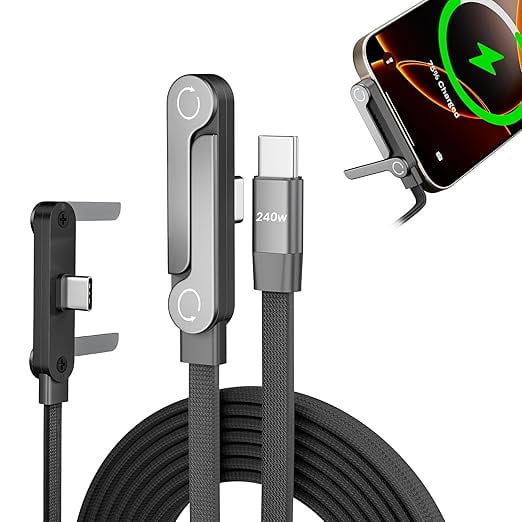 Sideways Phone Charger, T-Shaped 90 Degree Right Angle USB C Cable, 2 in 1 Invisible Holder Charger Cable with stand , 240W USB C to USB C Cable with Built-in Phone Stand, 4.9FT