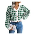thumbnail image 2 of hirigin Ladies Autumn Single-breasted Knitwear, Women Houndstooth V-neck Puff Long Sleeve Short Sweater Coat Knitted Cardigan, 2 of 5