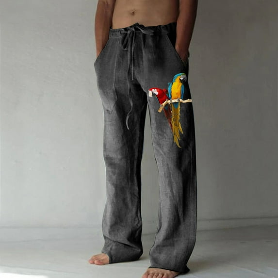 Mens Linen Cotton Pants Casual Yoga Pant Loose Fit Drawstring Trousers Lightweight Summer Beach Pants Parrot Print Pajamas