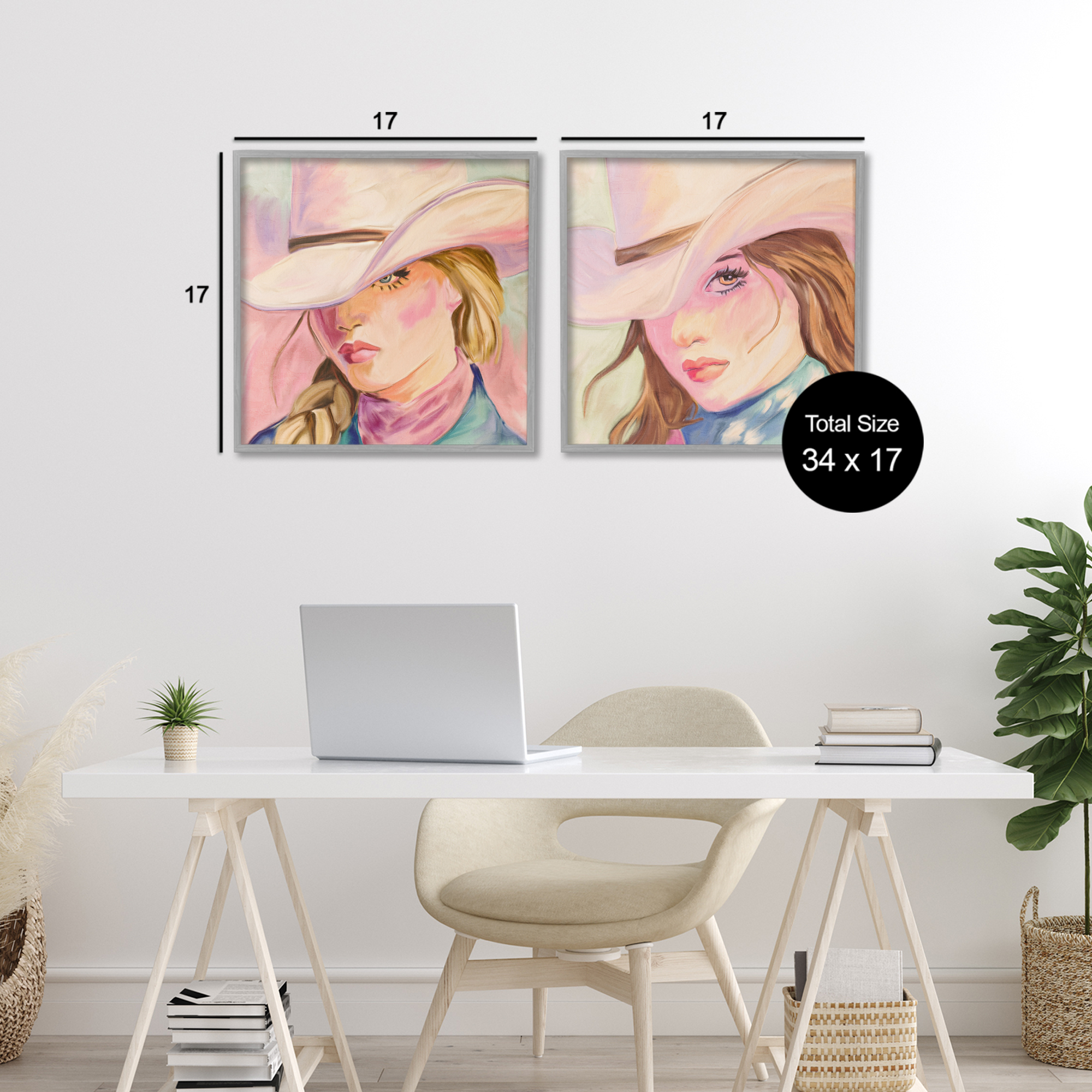 Pastel Cowgirls Gazing 2 Piece Gray Framed Giclee Art Set, design by Kim Allen
