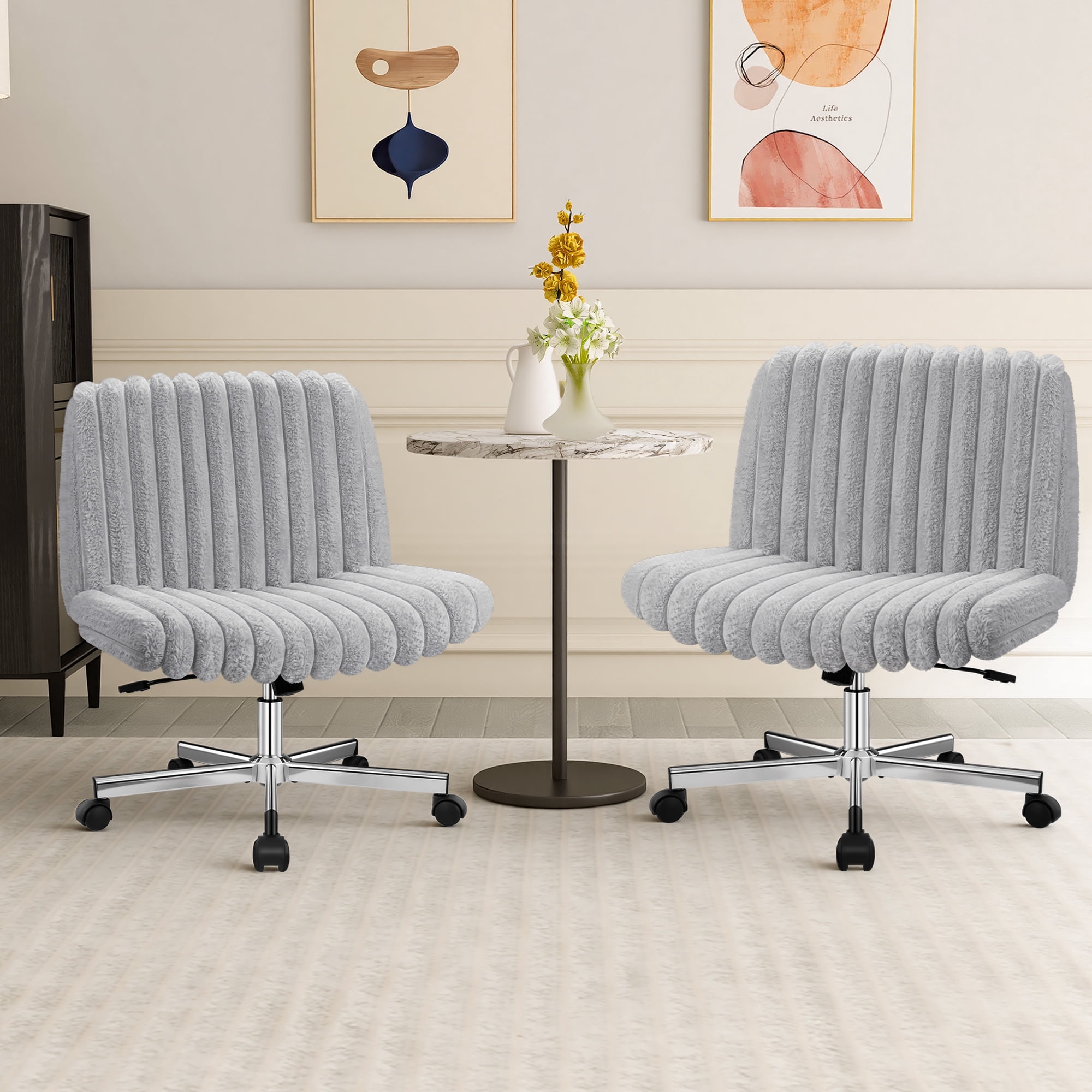 COOLHUT Office Chair Armless Criss Cross Legged Chair with Wheels, Teddy Fabric Comfy Home Office Desk Chairs, Wide Seat Vanity Task Computer Chair, Beige