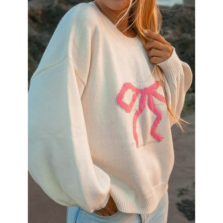EYIIYE Women Loose Knit Sweater Letter/Lobster/Bowknot Pattern