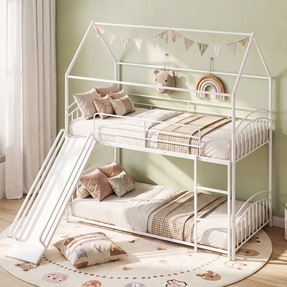 Gymax House Bunk Bed Frame w/ Metal Slats Reversible Ladder & Slide for Bedroom White