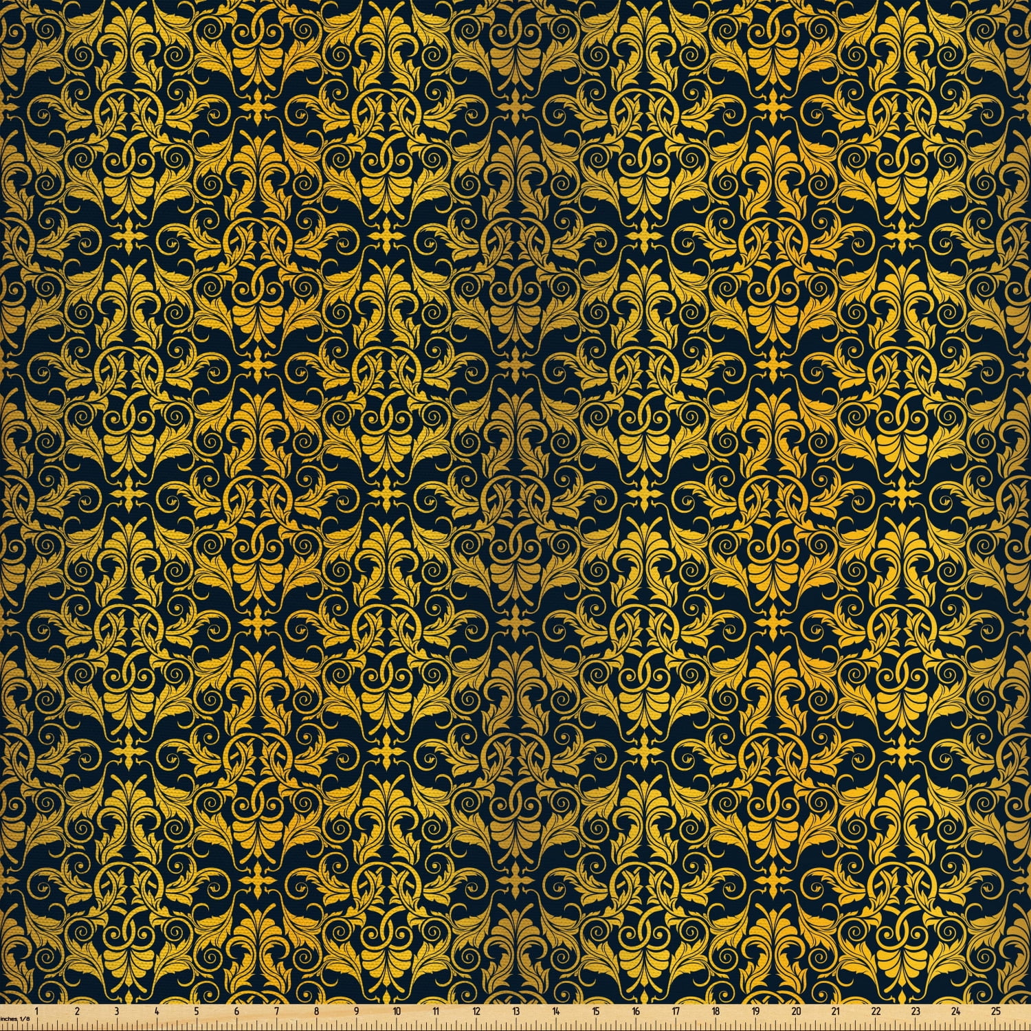 Yellow Damask Fabric by The Yard, Elaborated Pattern Illustration with