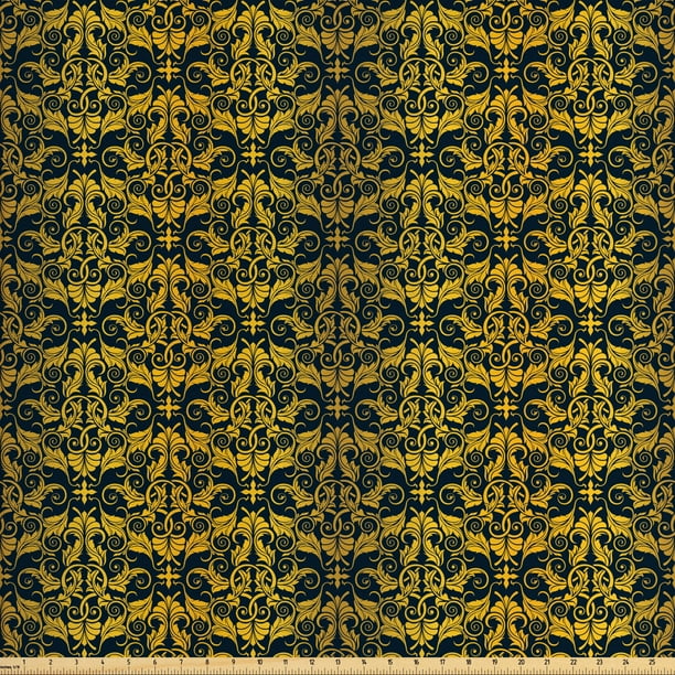 Yellow Damask Fabric by The Yard, Elaborated Pattern Illustration with
