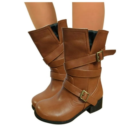

Cathalem Women Boots Size 8 Thick Boots Shoes Ankle Buckle Belt Women s Toe Boots Round Heel women s boots Boots Women Zipper Brown 9.5