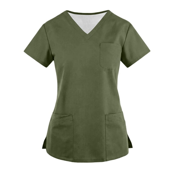 Womens V-Neck Scrub Tops – Stretchy Breathable Top with Pockets, Modern Classic Fit Army Green 2XL