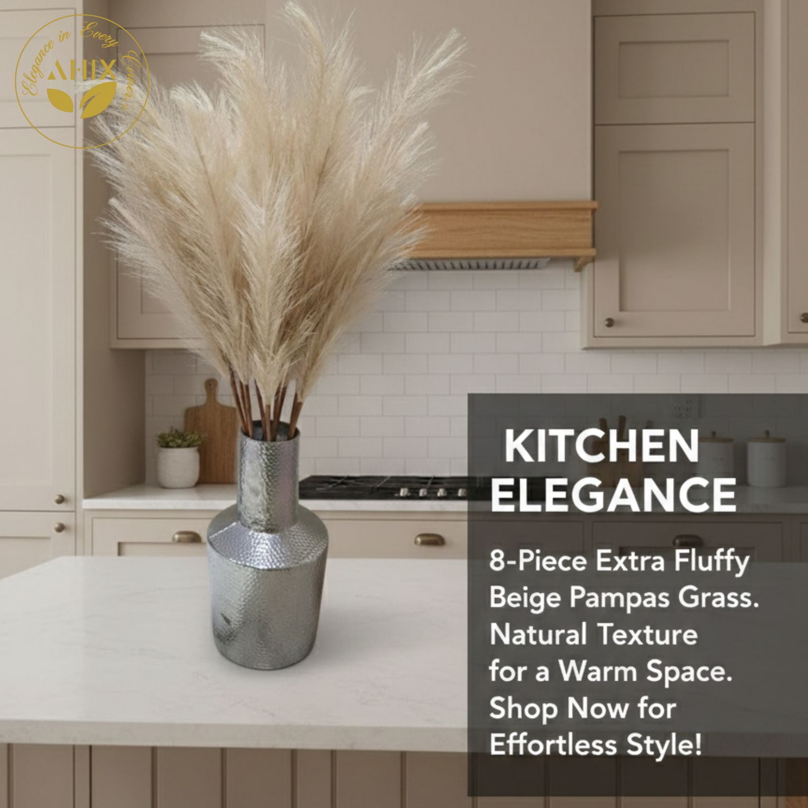AHIX Faux Pampas Grass, 38-Inch Beige Artificial Flowers, Boho Home Décor (8 Pieces)