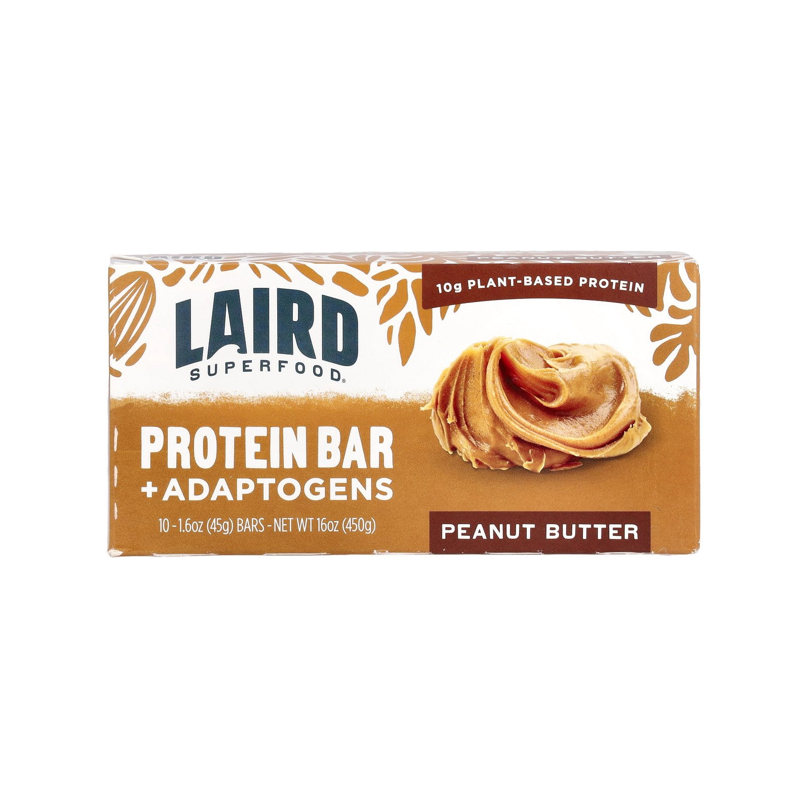 Laird Superfood Protein Bar + Adaptogens, Peanut Butter, 10 Bars, 1.6 oz (45 g) Each
