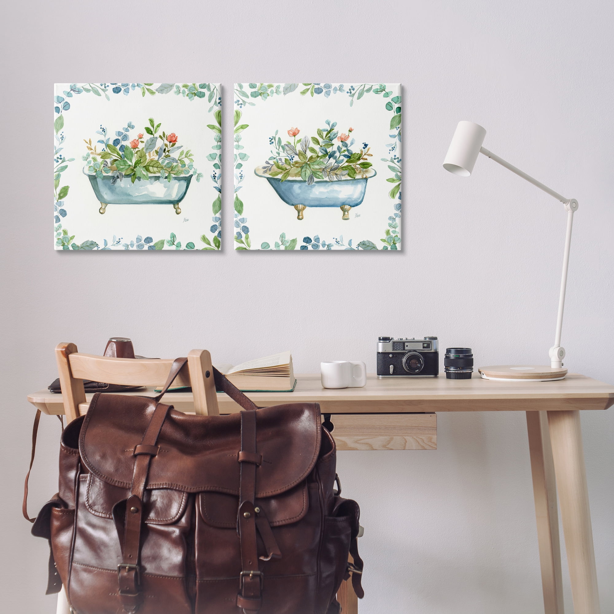 Stupell Industries Charming Flower Filled Tub Bath & Laundry Painting Wrapped Canvas Art Print Wall Art, 17 x 17, Set of 2