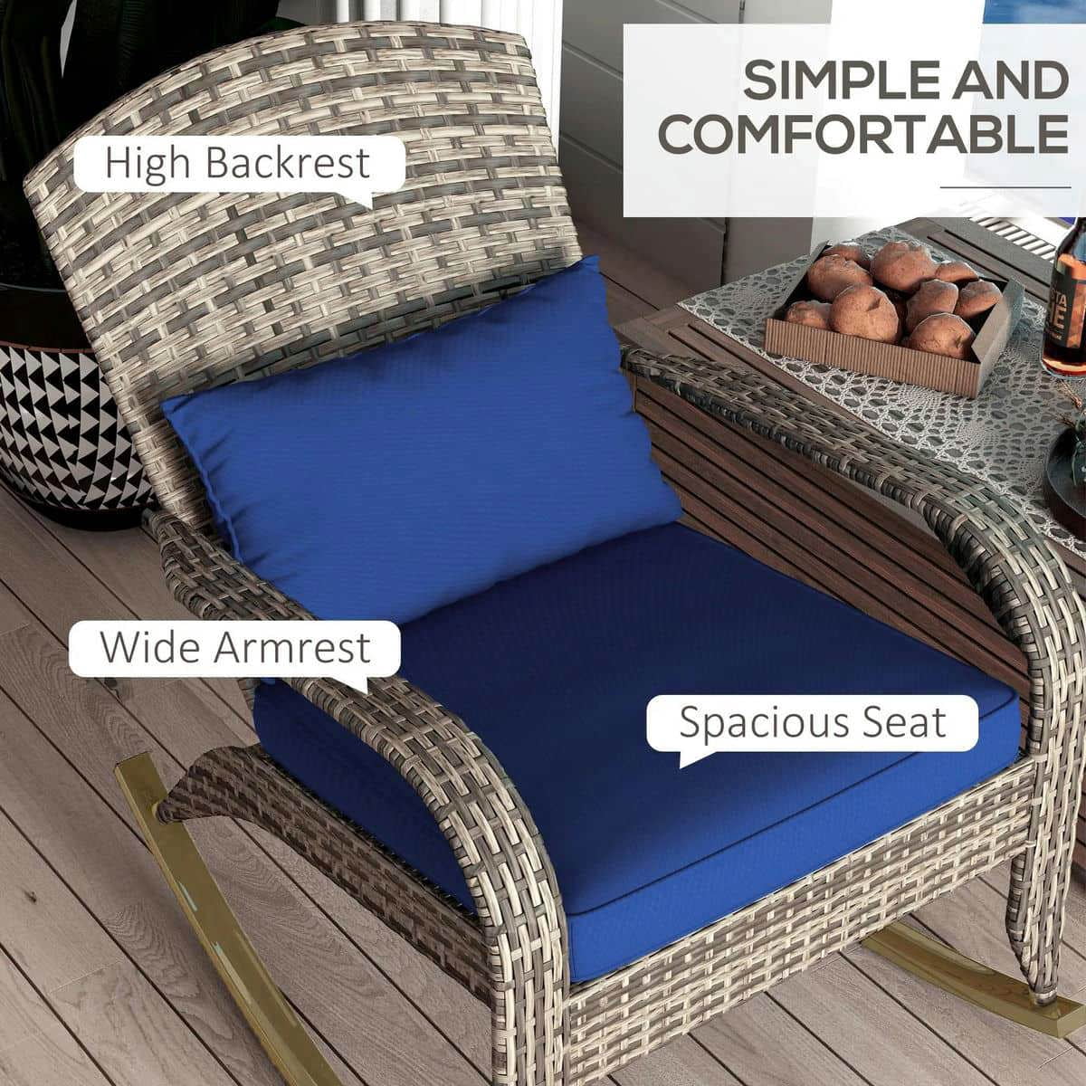 Yardi Yarda Adirondack Chair with High Back and Seat Cushion, Outdoor Wicker Rocking Chair with Pillow, Dark Blue