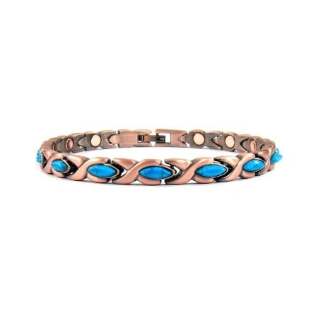 Copper Oval Links - Oval XOs Women's Copper Link Magnetic Bracelet With Turquoise Cabochons and Magnet On Every Link