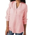 thumbnail image 1 of Pompotops Mode Femmes Couleur Unie Manches Longues Col en V Poche Hauts Décontractés Blouse Chemise, 1 of 7