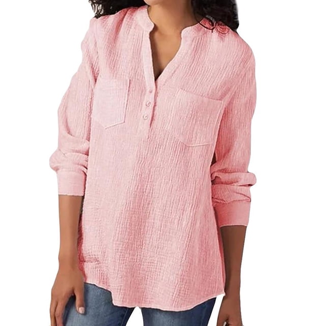 Pompotops Mode Femmes Couleur Unie Manches Longues Col en V Poche Hauts Décontractés Blouse Chemise