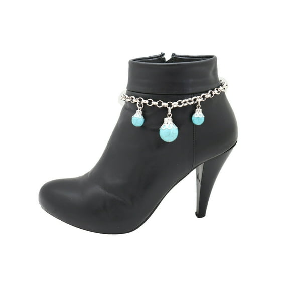 New Women Silver Metal Chain Western Boot Bracelet Shoe Charm Turquoise Blue Balls