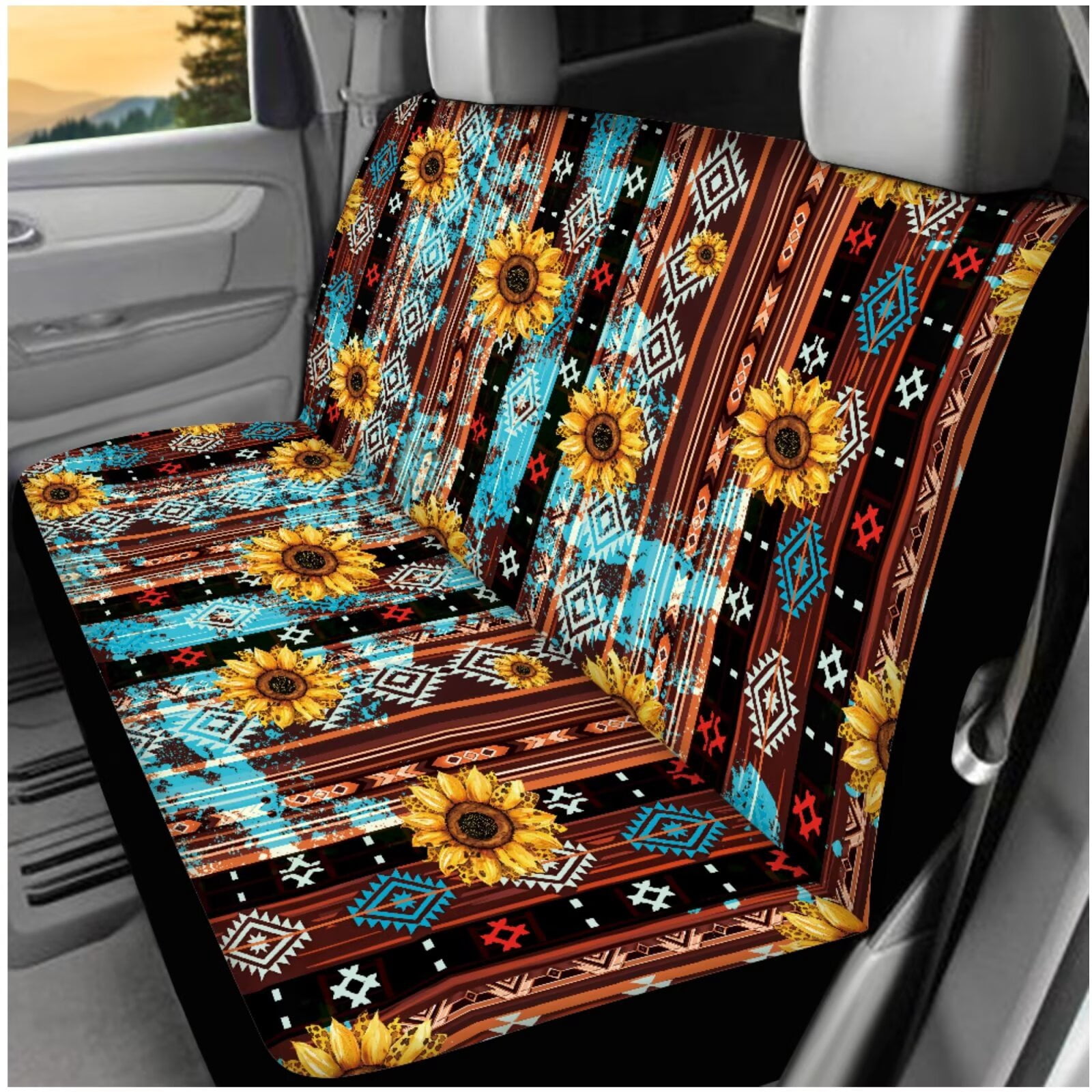 Yuyamidu Aztec Car Seat Covers Set with Steering Wheel Cover Seat Belt Covers Sunflower Car Armrest Cover Cushion Coasters Headrest Covers Cup Holders Keychain, 14 PCS