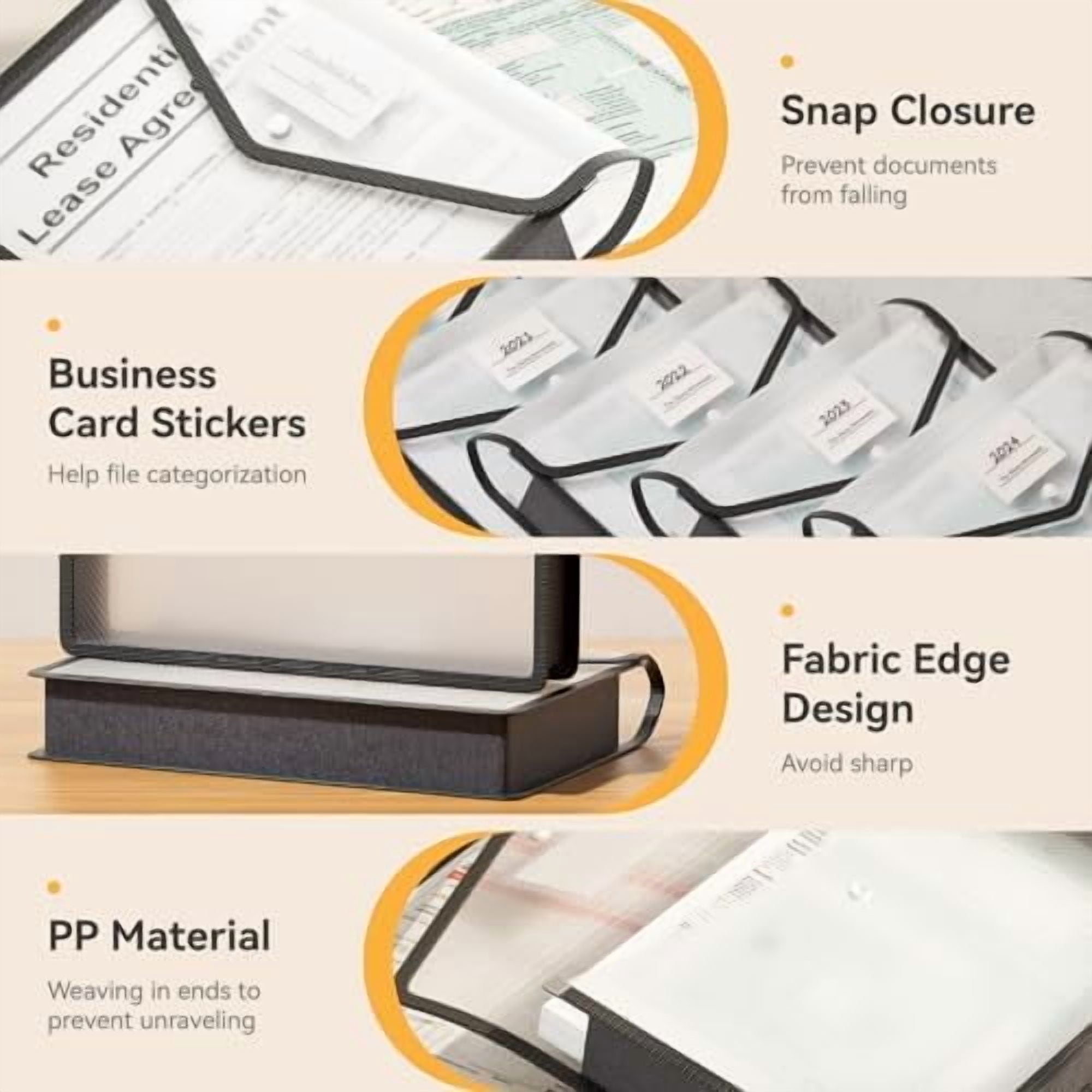 8 Pack Plastic Expanding File Folder, Folders for Documents with Snap Closure, Black File Folder Organizer Holder, Transparent Accordion File Pouch,Large Capacity, Fit Letter/A4 Size - Black