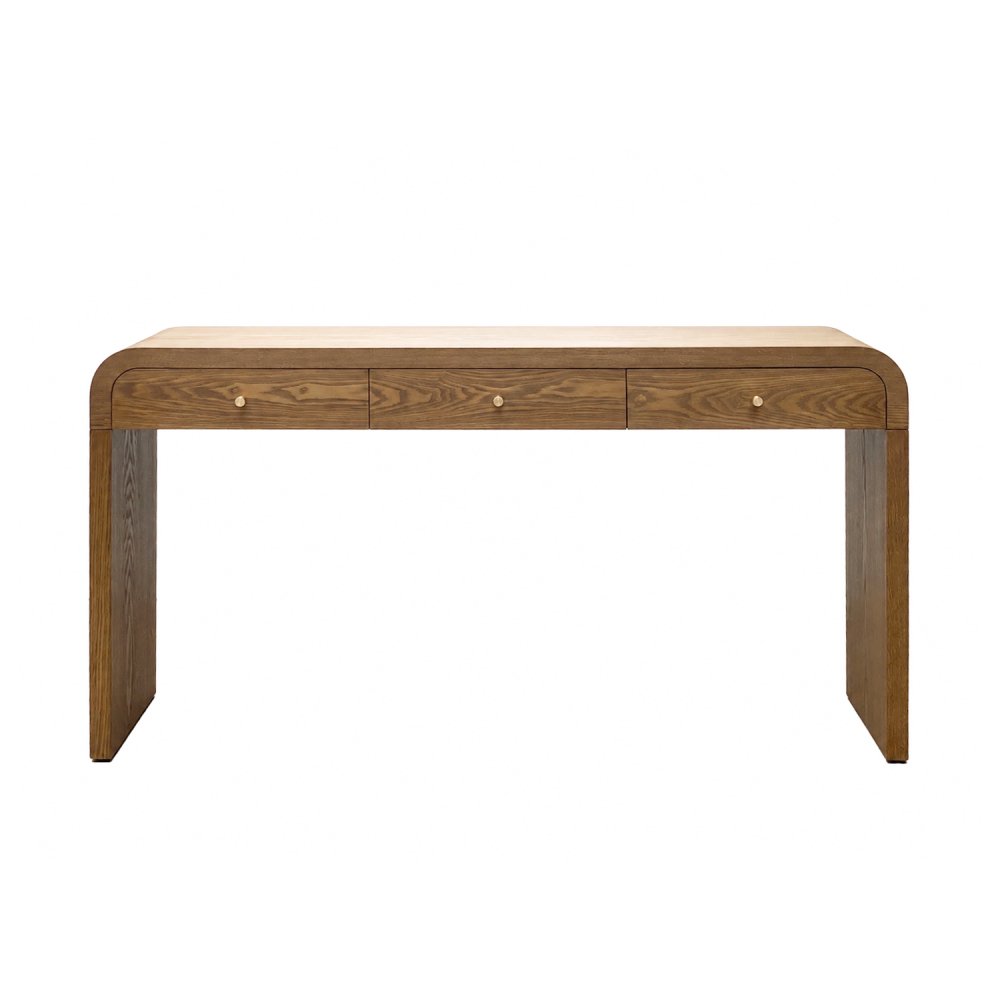 Walnut Curved Design 3-Drawer Long Console Table Entryway Sofa Table with Gold Pull Handles Storage Accent Table for Living Room Hallway Foyer