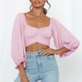 thumbnail image 2 of Pure Color Word Collar Umbilical Ultra Long Sleeve Strap Top Top Fashion Square Collar T Shirt, 2 of 7
