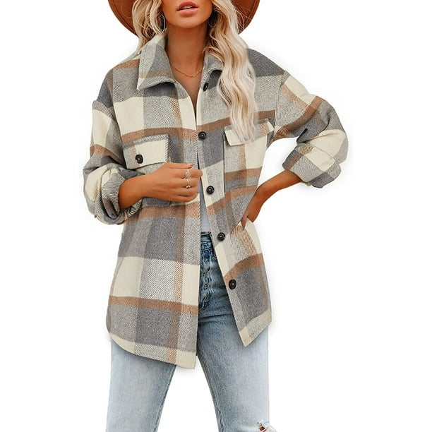 Camisas a cuadros cepilladas para mujer manga larga franela solapa botones bolsillos chamarra abrigos Ormromra WRMH 1665 4 Walmart en linea