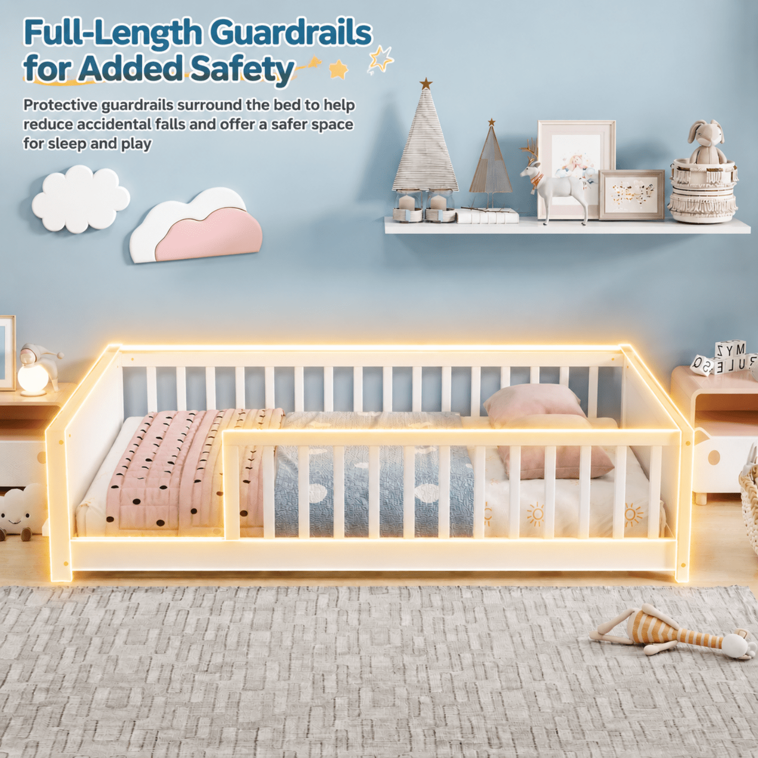 Miniyam Full Size Kids Floor Bed with Guardrails and Bookshelf, Wooden Low Profile Bed, White