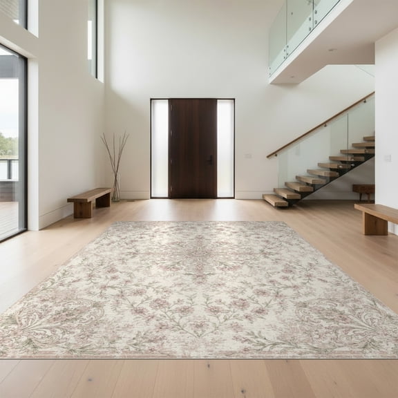 Design&I 8'x10' Washable Area Rug Sleek Flatweave Pet Friendly Pink Blush Beige Ornamental Centerpiece Delicate Vine Motif Cream for King Size Bedroom, Under Bed