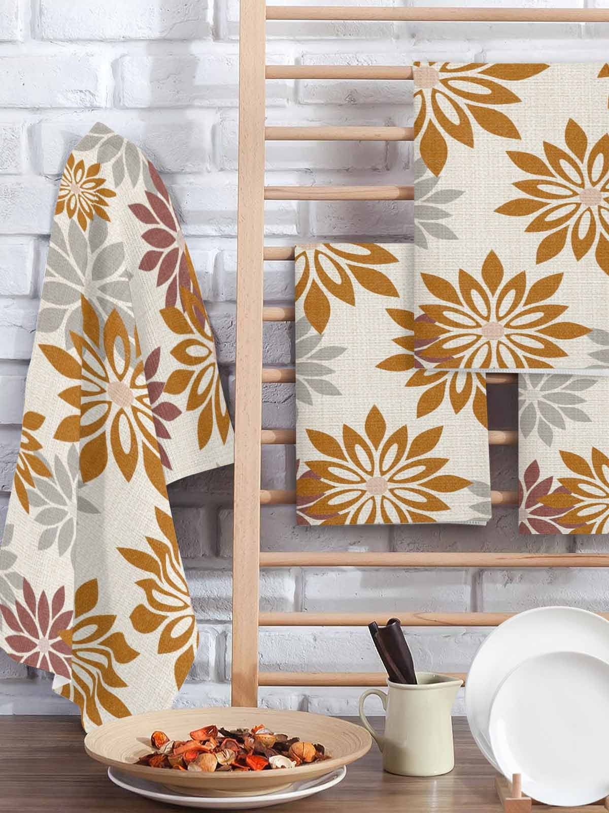 Geometric Flower Kitchen Dish Towels for Drying Dishes Set of 3, Vintage Country Floral Orange Grey on Linen Waffle Weave Microfiber Hand Tea Bathroom Towels Quick Dry & Absorbent Towel 15.7x23.6