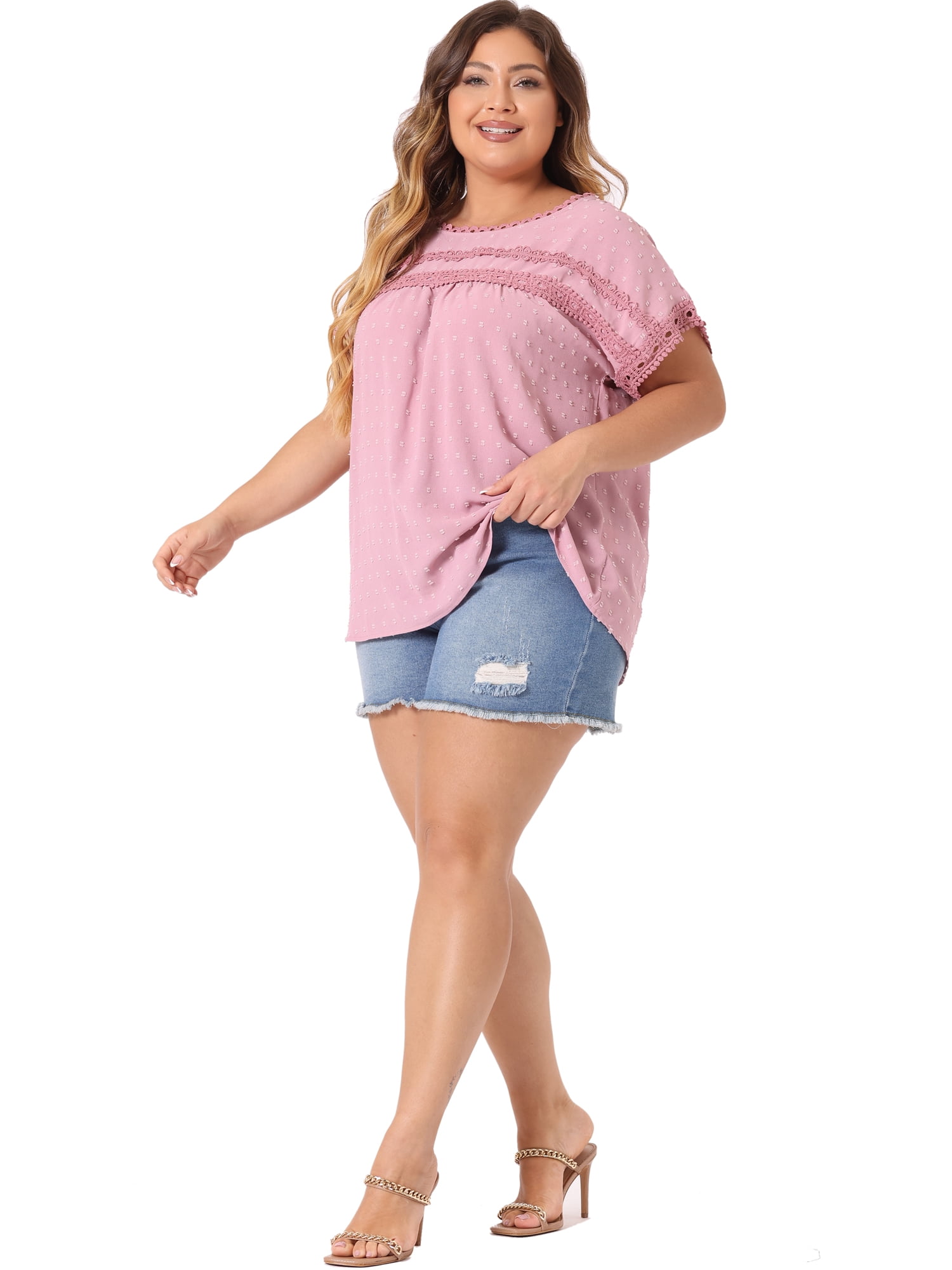Women's Plus Tops with Swiss Dots Crew Neck Short Sleeve Casual Blouses 4X Pink