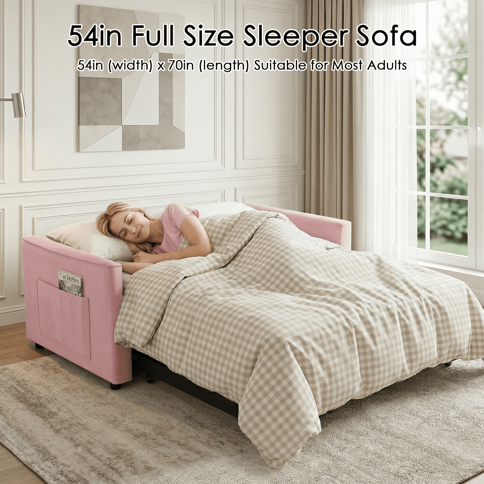 Amuille 3 in 1 Convertible Sleeper Sofa Bed, 54" Velvet Fabric Loveseat, Pull Out Couch for Living Room and Apartment (Pink)