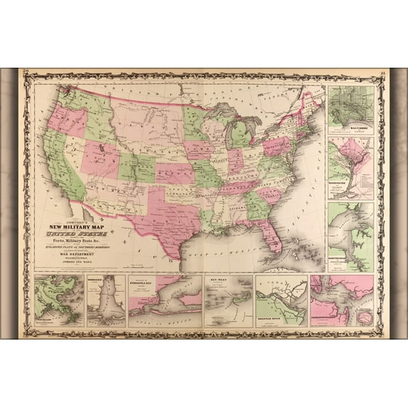 24"x36" Gallery Poster, military map of the united states 1863