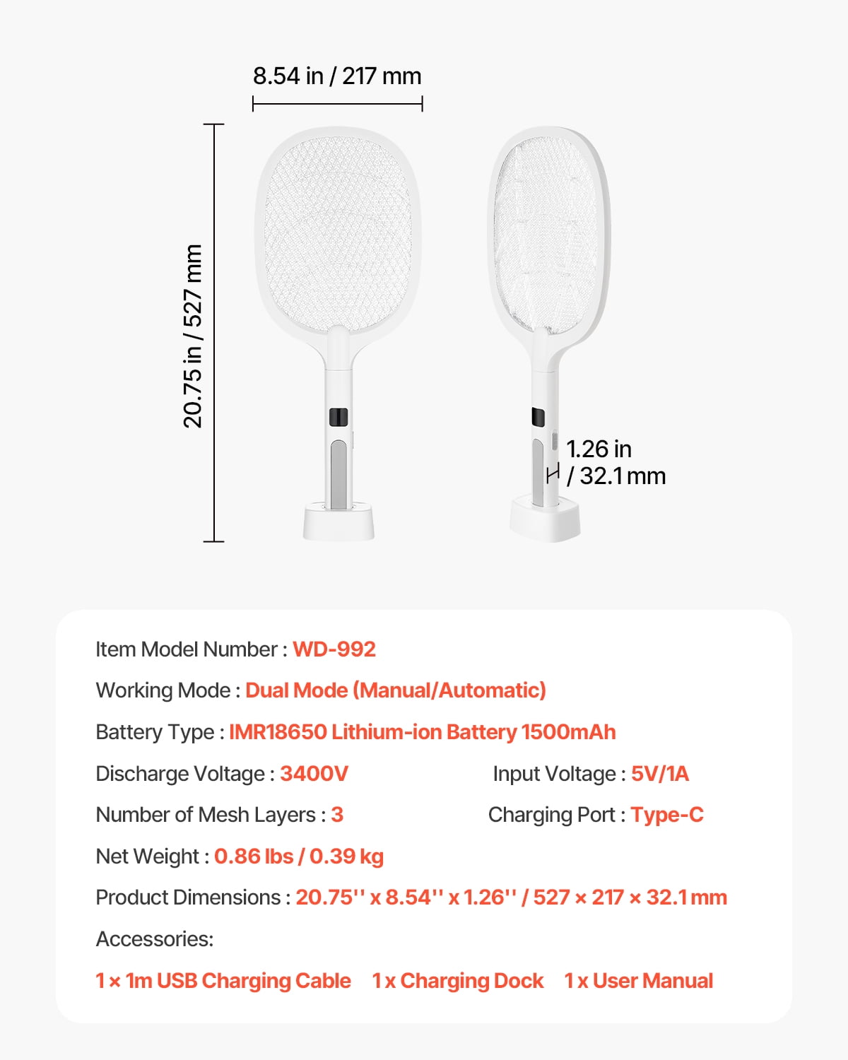 VEVOR Electric Fly Swatter, Zapper Racket with 3 Layers Mesh & Digital Screen Display, Dual Modes Fly Killer with 1500mAh Battery Rechargeable for Home, Bedroom, Kitchen and Patio, White