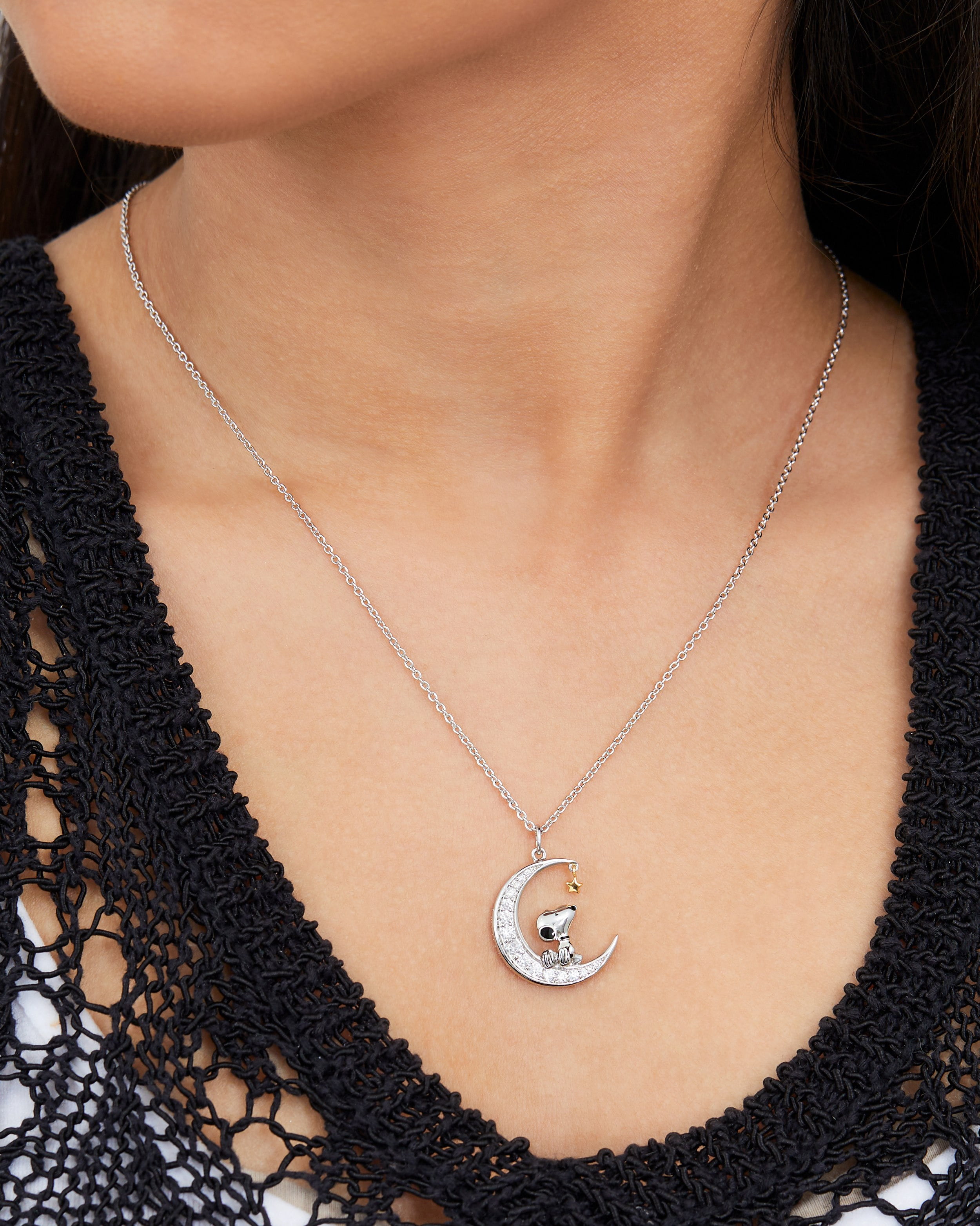 Peanuts Women's Snoopy Necklace 18", Snoopy Jewelry with Moon Pendant, Officially Licensed
