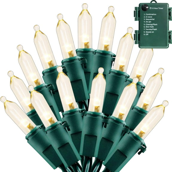 AMMAKER Christmas Lights, 50 LED Battery Operated String Lights with Auto-Timer and 8 Lighting Modes for Christmas Wreath Party Wedding Garden Home Decoration, Warm White