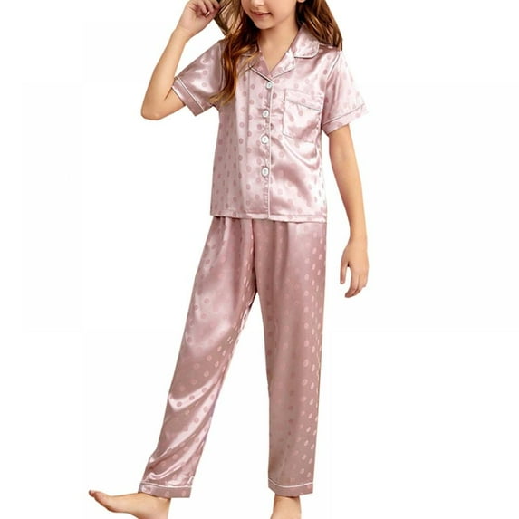 Uccdo Big Boys Girls Pajamas Sets, Kids Satin Silk Sleepwear Set, Little Gilrs Boys Short Sleeve Pajamas Sets, Children Button Down Tops+Sleep Pants 6-13Y