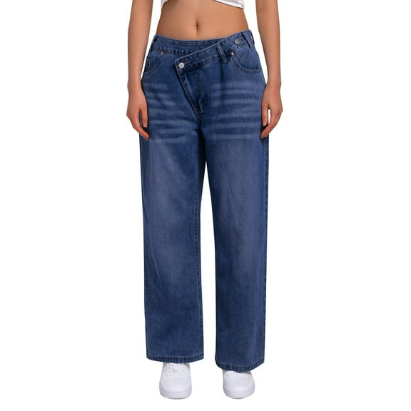 Trendfront Womens Solid Color Wide Leg Jeans High Waisted Front Pockets Full Length Relaxed Fit Casual Button Zip Fly Denim Pants