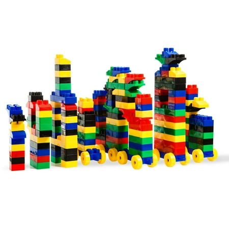 150 Piece Large Multi Colored Building Block Set with Wheeled Train Pieces and Carry Bag by