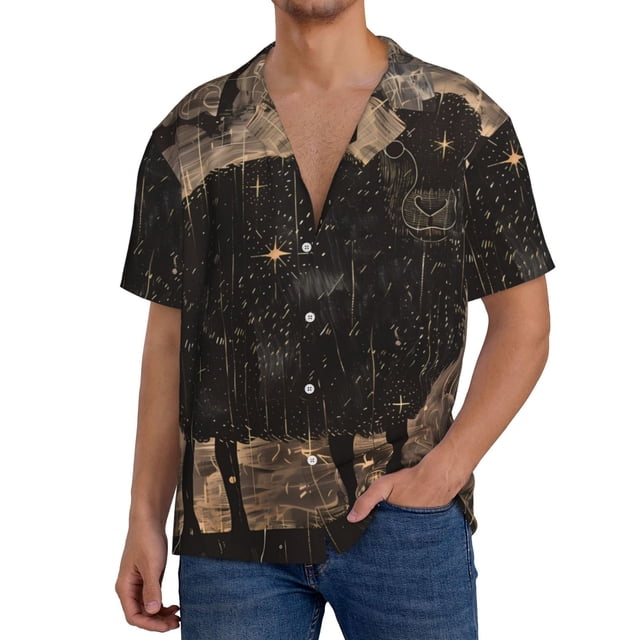 Balery Starry Night Black Sheep Camisa Casual de Manga Corta con Botones para Hombre, Texturizada, Estilo Cubano, para Playa, Verano-X-Large