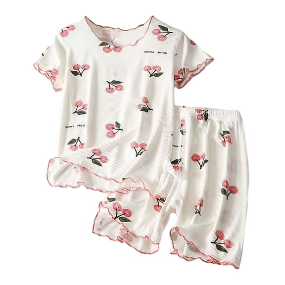 MEZZALL Toddler Girl Ruffle Short Sleeve Strawberry Print T-Shirt Tops Shorts Home Clothes Loose Loungewear Kids Cute Pajamas 18-24 Months