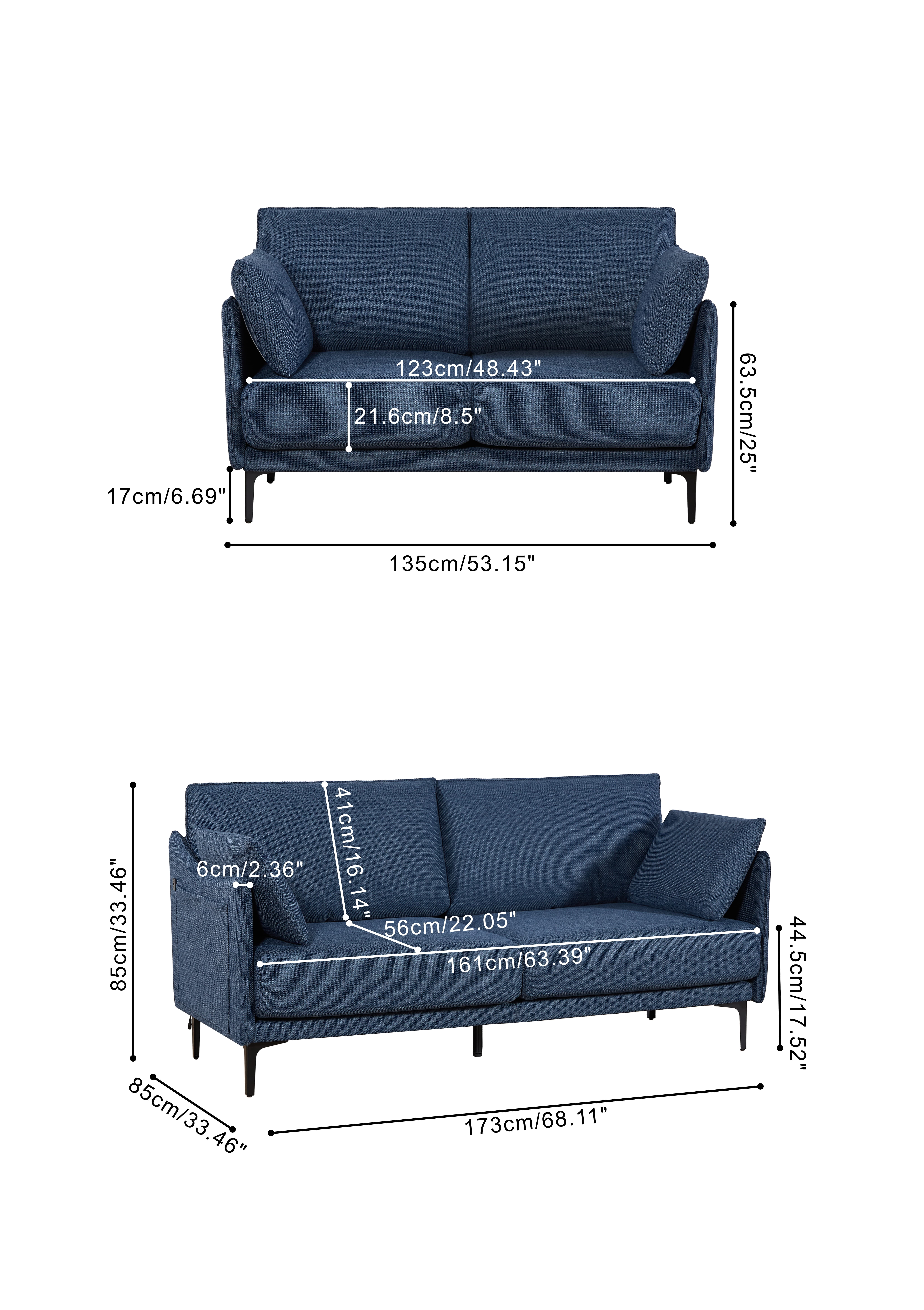 MAYEERTY Stylish 2-Seater Sofa with 2 Pillows & Metal Leg for Living Spaces, Bedrooms and Offices, Dark Blue